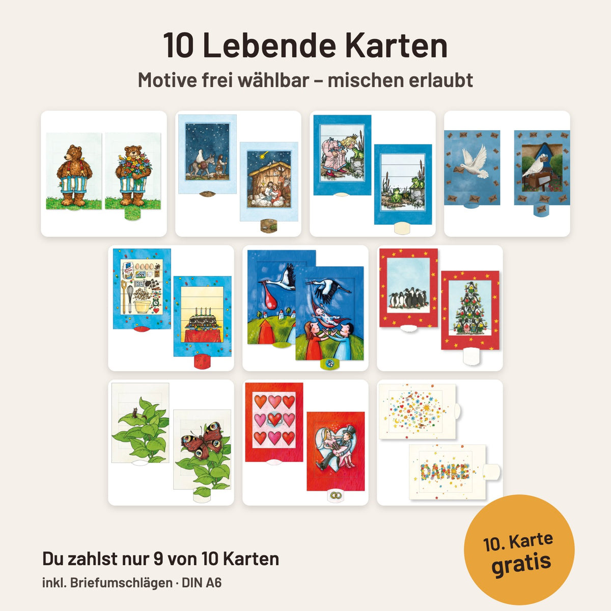 Lebende Karten 10er-Set nach Wahl – 10 Motive frei kombinierbar, die 10. Karte gratis