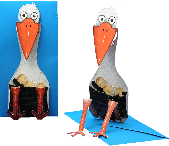 3D Tierfaltkarte Storch mit Baby
